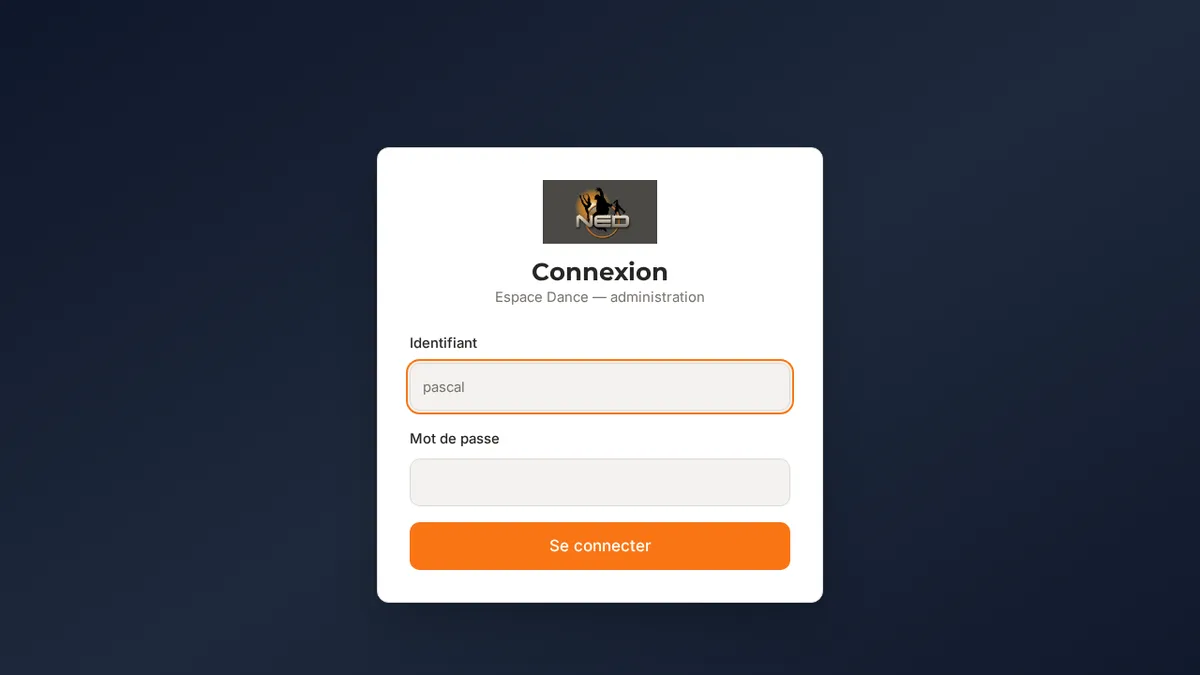 Écran de connexion de l'application de gestion NED — New Espace Danse