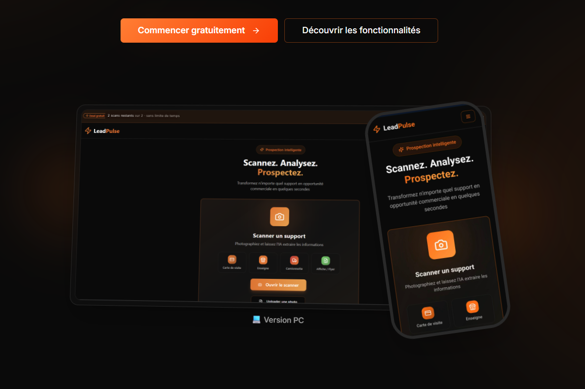 Aperçu de LeadPulse : scan d'un support en version PC et mobile pour extraire les informations d'une entreprise