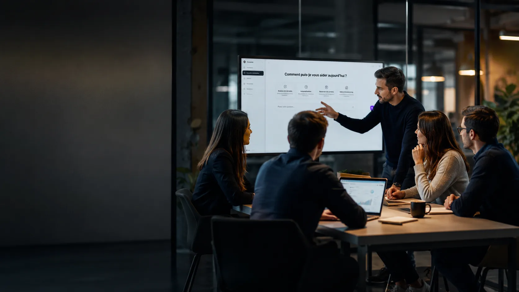 Formation IA en entreprise : un formateur présente un assistant d'intelligence artificielle à une équipe réunie autour d'une table