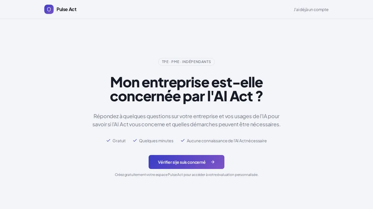 Page d'accueil de Pulse Act, pré-diagnostic AI Act
